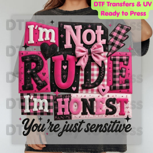I’m Not Rude I’m Honest DTF Transfer Ready to Press Pink Gingham Bow Retro Sarcastic Heat Transfer For Shirts Funny Quote UV Sticker Prints