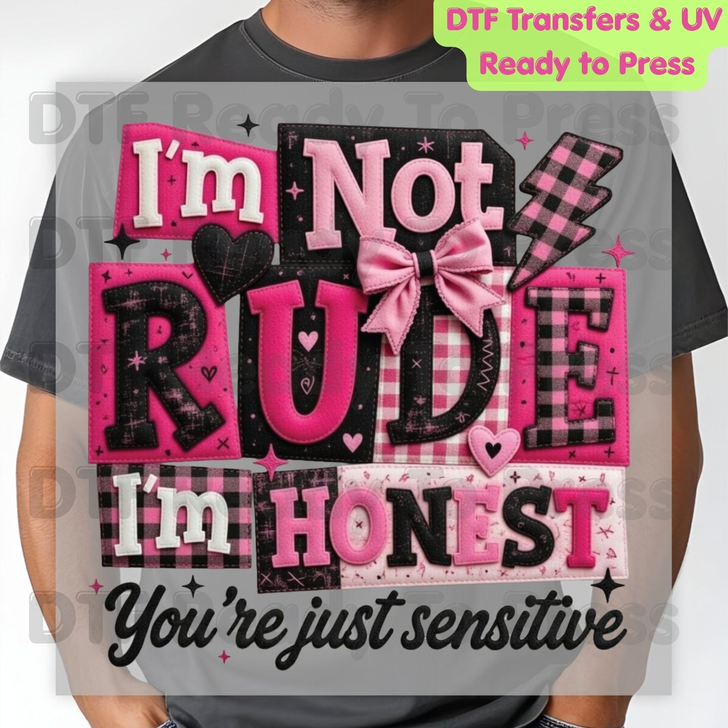 I’m Not Rude I’m Honest DTF Transfer Ready to Press Pink Gingham Bow Retro Sarcastic Heat Transfer For Shirts Funny Quote UV Sticker Prints