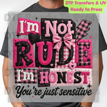 I’m Not Rude I’m Honest DTF Transfer Ready to Press Pink Gingham Bow Retro Sarcastic Heat Transfer For Shirts Funny Quote UV Sticker Prints