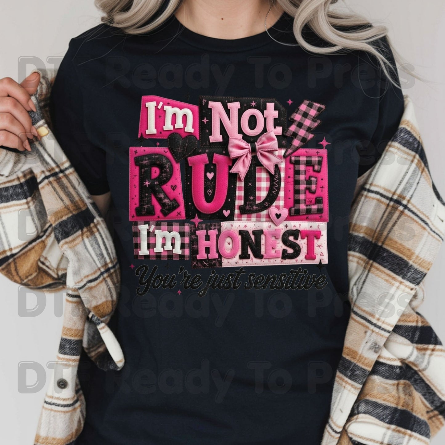 I’m Not Rude I’m Honest DTF Transfer Ready to Press Pink Gingham Bow Retro Sarcastic Heat Transfer For Shirts Funny Quote UV Sticker Prints