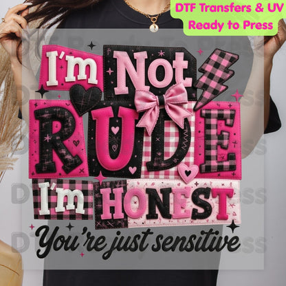 I’m Not Rude I’m Honest DTF Transfer Ready to Press Pink Gingham Bow Retro Sarcastic Heat Transfer For Shirts Funny Quote UV Sticker Prints