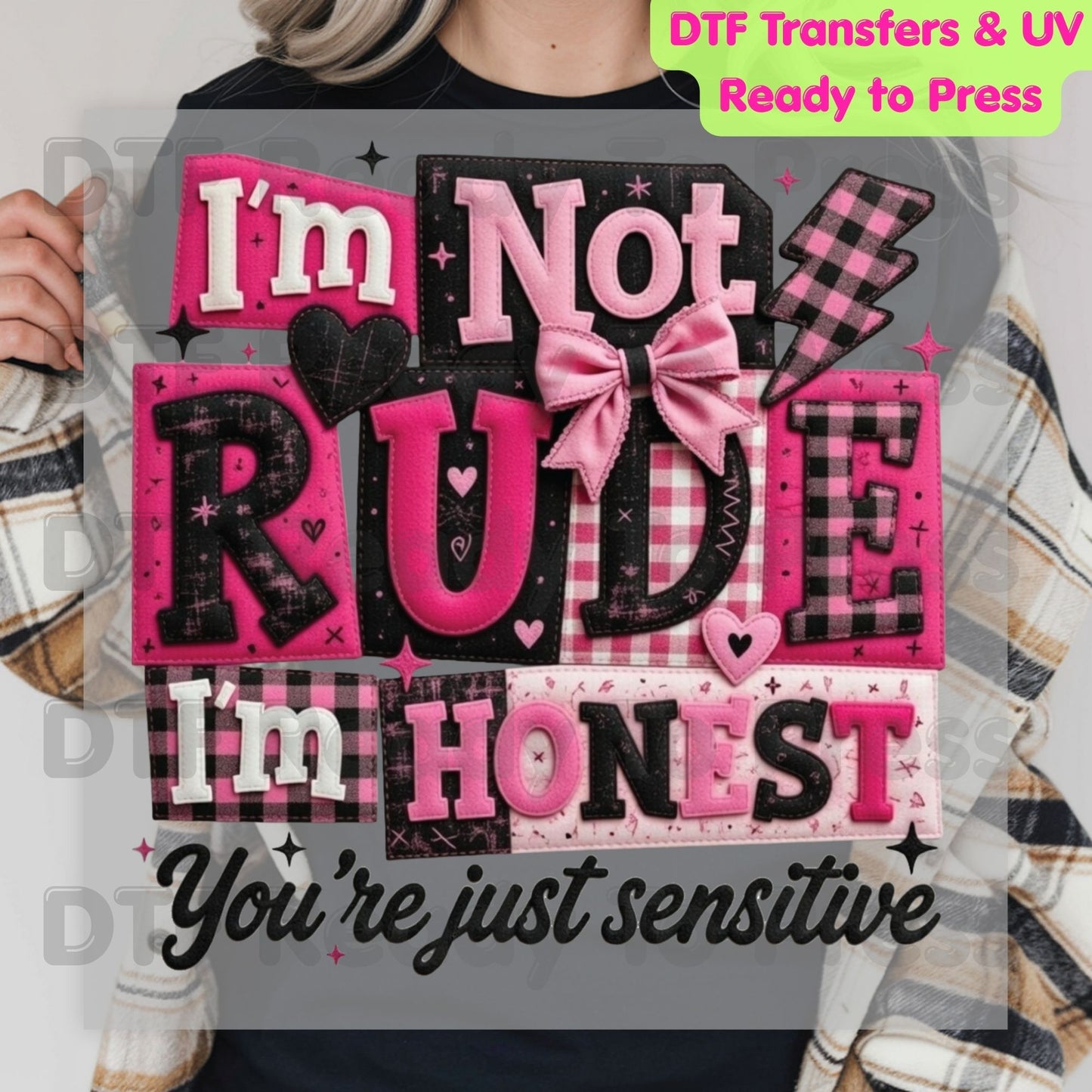 I’m Not Rude I’m Honest DTF Transfer Ready to Press Pink Gingham Bow Retro Sarcastic Heat Transfer For Shirts Funny Quote UV Sticker Prints