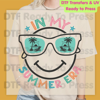 In My Summer Era DTF Transfer Ready to Press Retro Beach Vacation Heat Transfer for Shirts Smiley Face Sunglasses UV Sticker Prints
