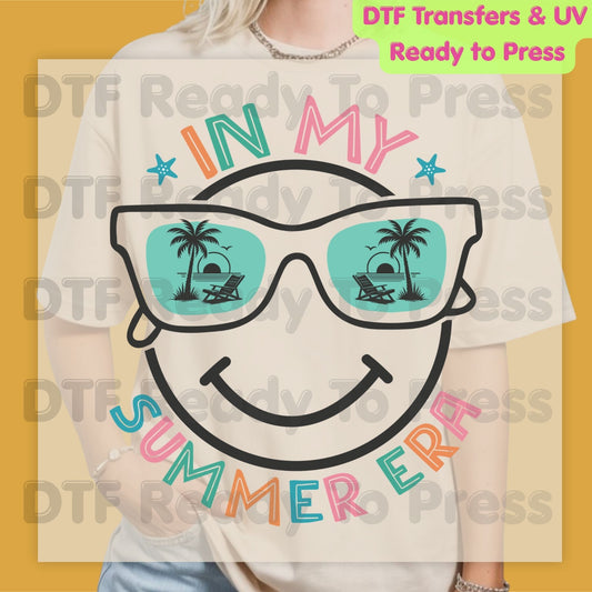 In My Summer Era DTF Transfer Ready to Press Retro Beach Vacation Heat Transfer for Shirts Smiley Face Sunglasses UV Sticker Prints