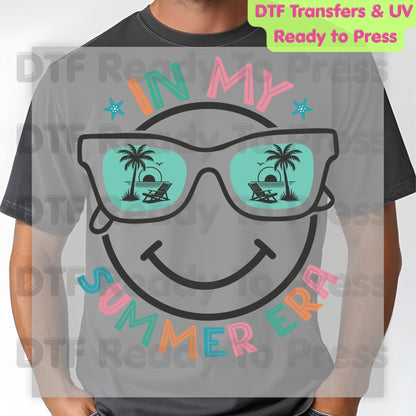 In My Summer Era DTF Transfer Ready to Press Retro Beach Vacation Heat Transfer for Shirts Smiley Face Sunglasses UV Sticker Prints