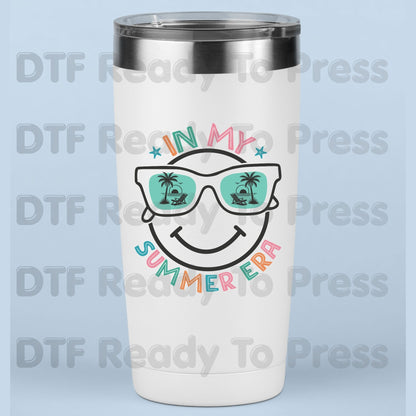 In My Summer Era DTF Transfer Ready to Press Retro Beach Vacation Heat Transfer for Shirts Smiley Face Sunglasses UV Sticker Prints
