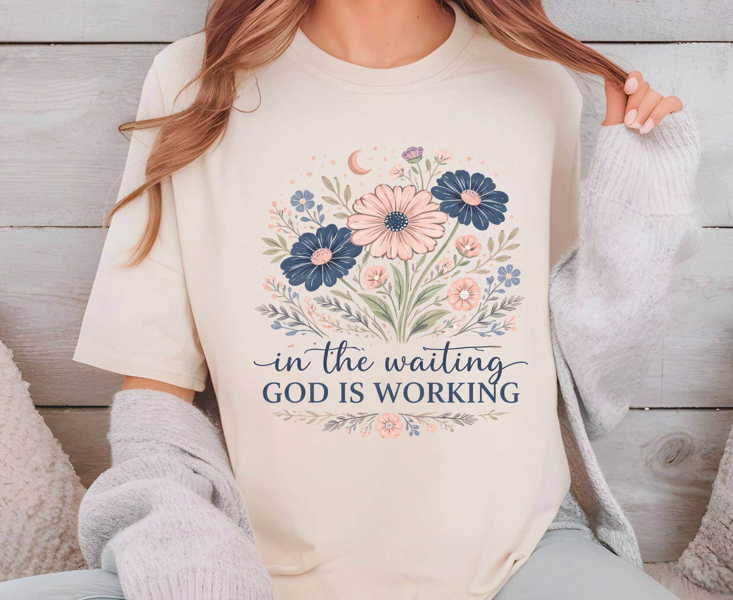 In The Waiting God Is Working T Shirt Christian Wildflower Tee Religious Faith Shirt Gift For Her Adult Youth Toddler Baby Floral Apparel