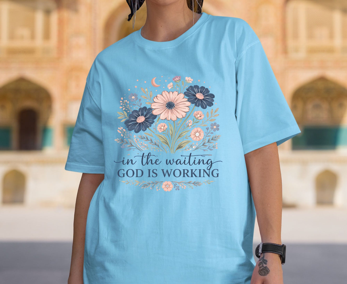In The Waiting God Is Working T Shirt Christian Wildflower Tee Religious Faith Shirt Gift For Her Adult Youth Toddler Baby Floral Apparel