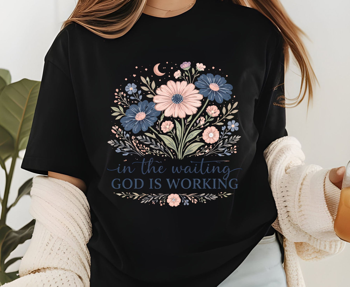 In The Waiting God Is Working T Shirt Christian Wildflower Tee Religious Faith Shirt Gift For Her Adult Youth Toddler Baby Floral Apparel