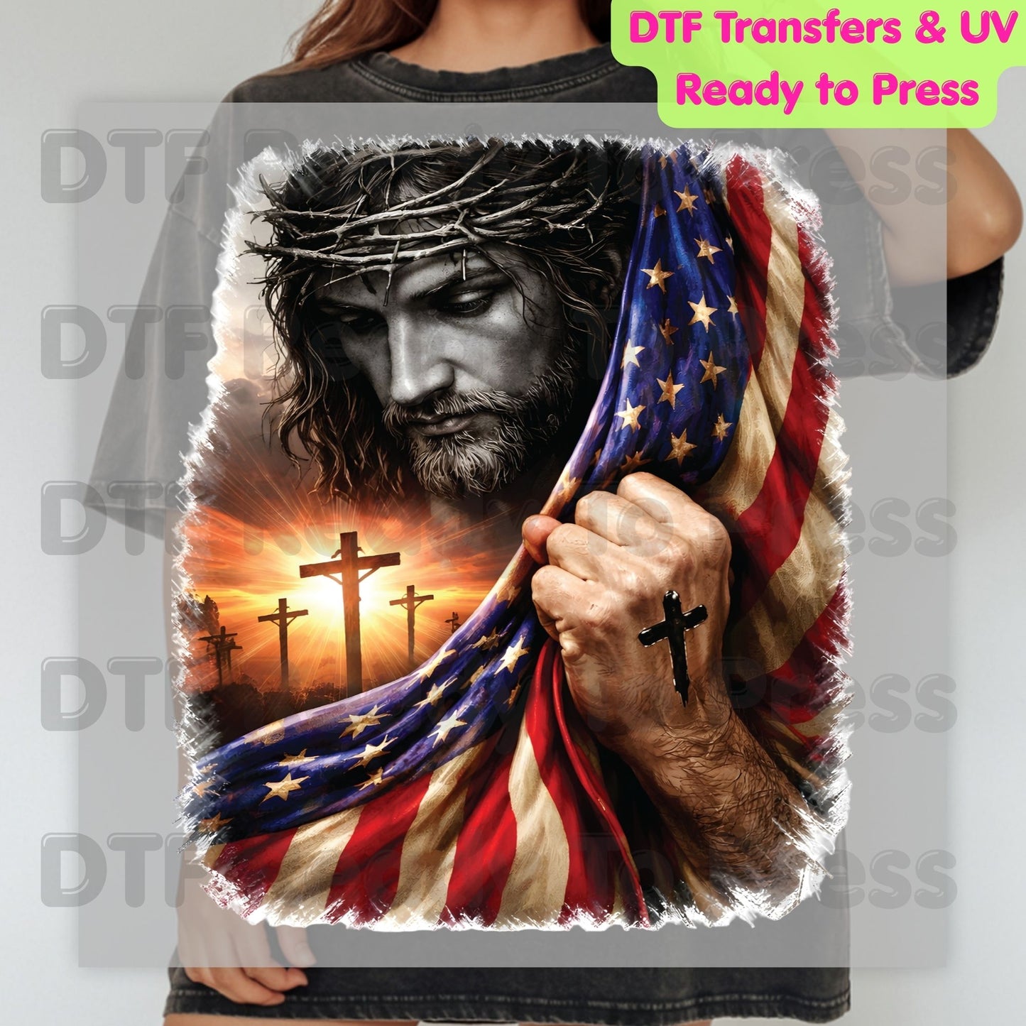 Jesus American Flag DTF Transfer Ready to Press Patriotic Christian Cross Heat Transfer For Shirts Independence Day Religious UV Sticker Prints