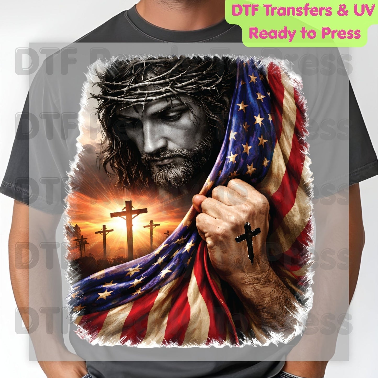 Jesus American Flag DTF Transfer Ready to Press Patriotic Christian Cross Heat Transfer For Shirts Independence Day Religious UV Sticker Prints