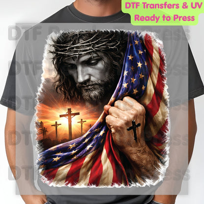 Jesus American Flag DTF Transfer Ready to Press Patriotic Christian Cross Heat Transfer For Shirts Independence Day Religious UV Sticker Prints