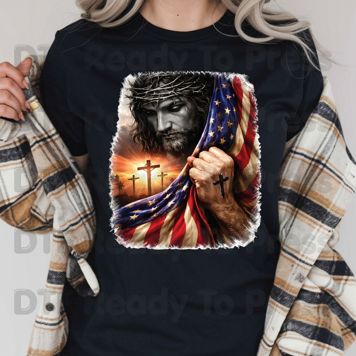Jesus American Flag DTF Transfer Ready to Press Patriotic Christian Cross Heat Transfer For Shirts Independence Day Religious UV Sticker Prints