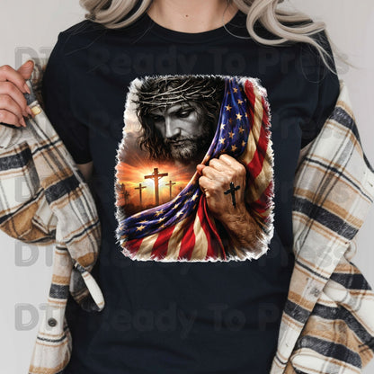 Jesus American Flag DTF Transfer Ready to Press Patriotic Christian Cross Heat Transfer For Shirts Independence Day Religious UV Sticker Prints
