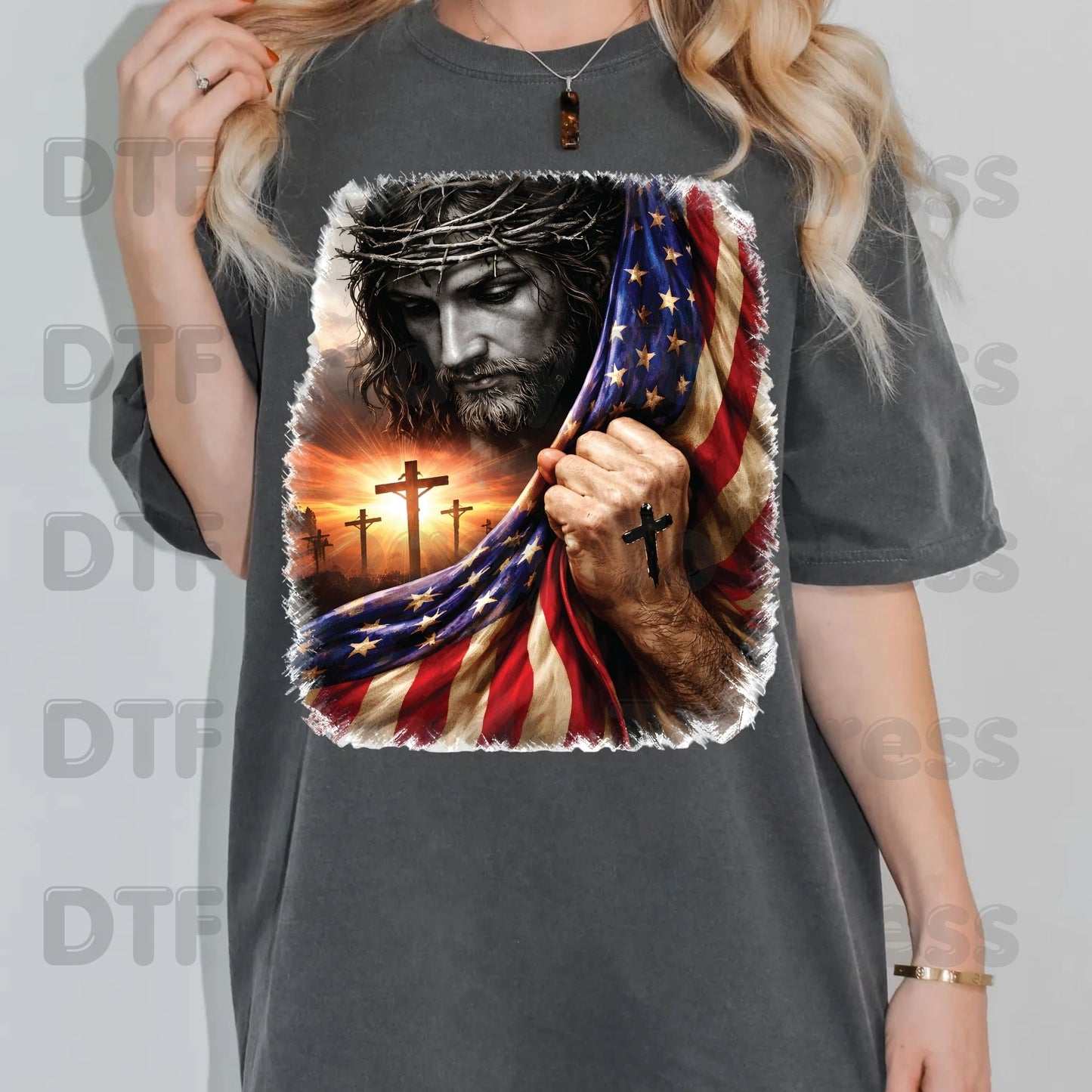 Jesus American Flag DTF Transfer Ready to Press Patriotic Christian Cross Heat Transfer For Shirts Independence Day Religious UV Sticker Prints