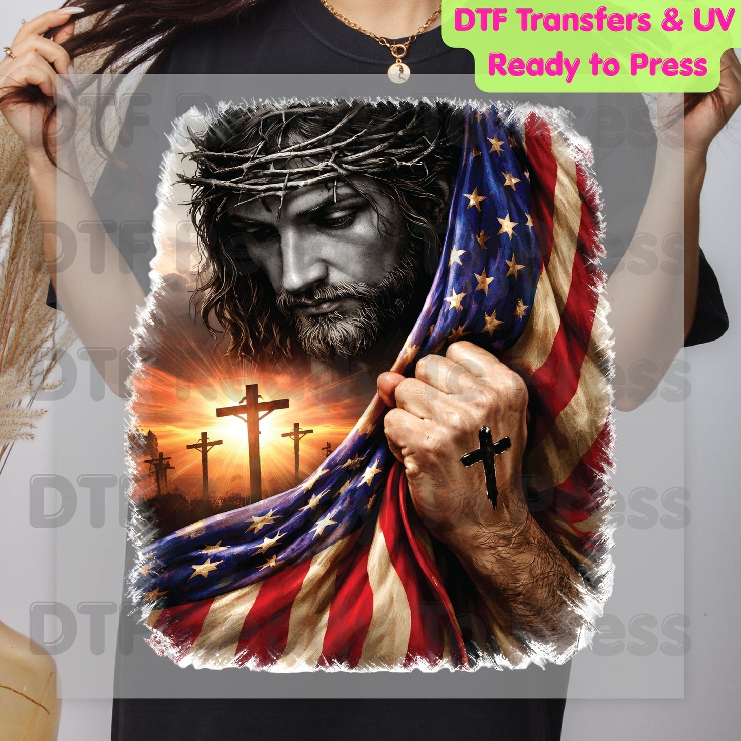 Jesus American Flag DTF Transfer Ready to Press Patriotic Christian Cross Heat Transfer For Shirts Independence Day Religious UV Sticker Prints