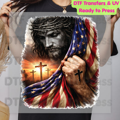 Jesus American Flag DTF Transfer Ready to Press Patriotic Christian Cross Heat Transfer For Shirts Independence Day Religious UV Sticker Prints