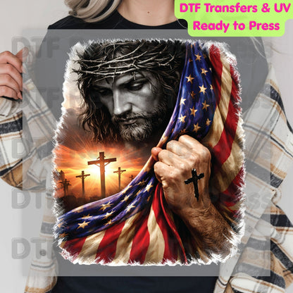 Jesus American Flag DTF Transfer Ready to Press Patriotic Christian Cross Heat Transfer For Shirts Independence Day Religious UV Sticker Prints