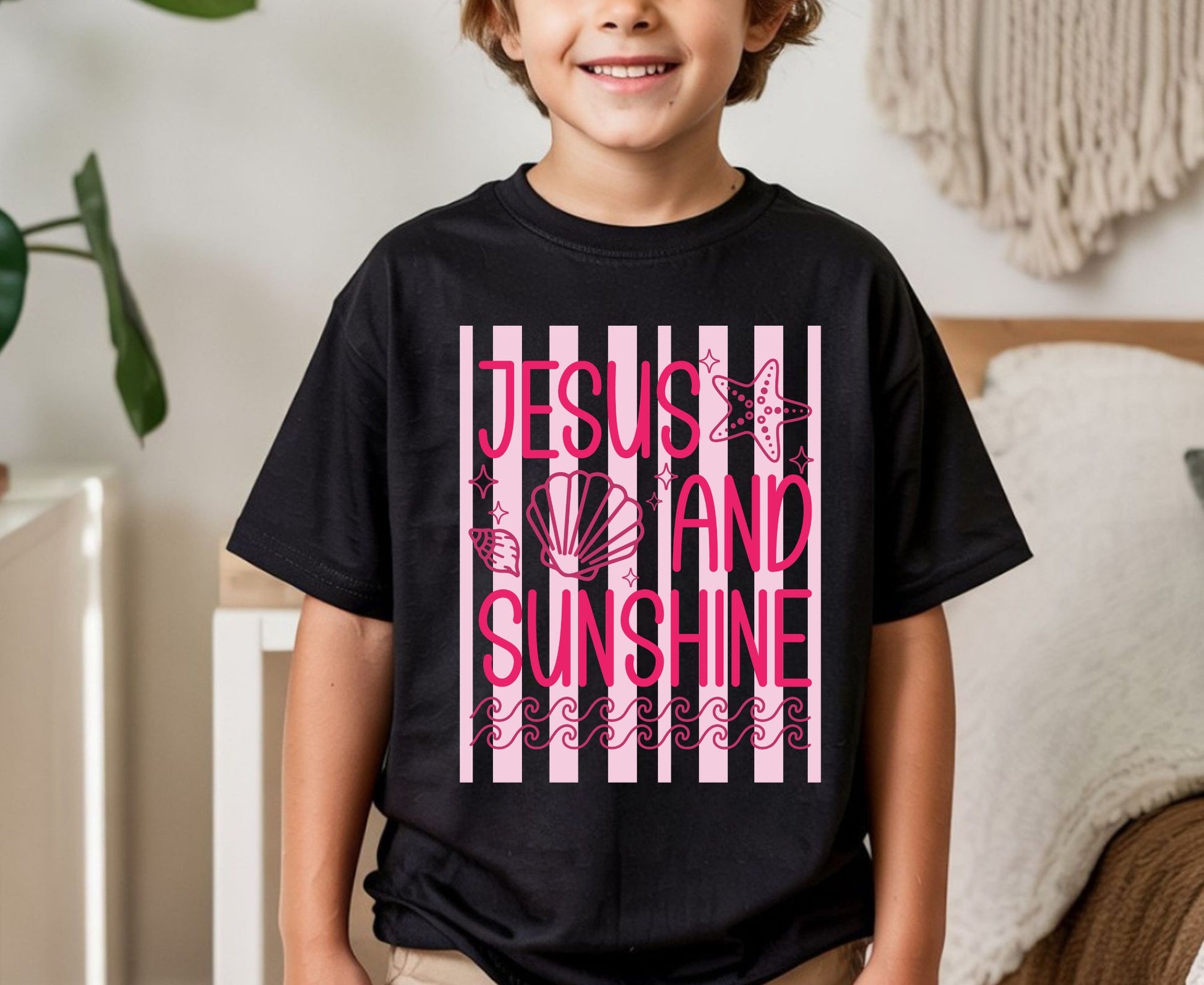 Jesus And Sunshine T Shirt Pink Beach Christian Tee Religious Seashell Shirt Faith Gift For Her Adult Youth Toddler Baby Coastal Summer Apparel