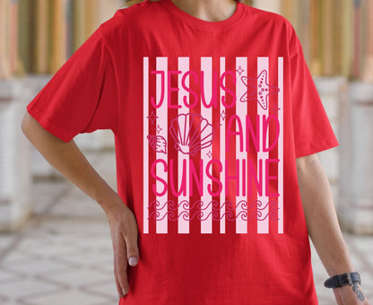 Jesus And Sunshine T Shirt Pink Beach Christian Tee Religious Seashell Shirt Faith Gift For Her Adult Youth Toddler Baby Coastal Summer Apparel