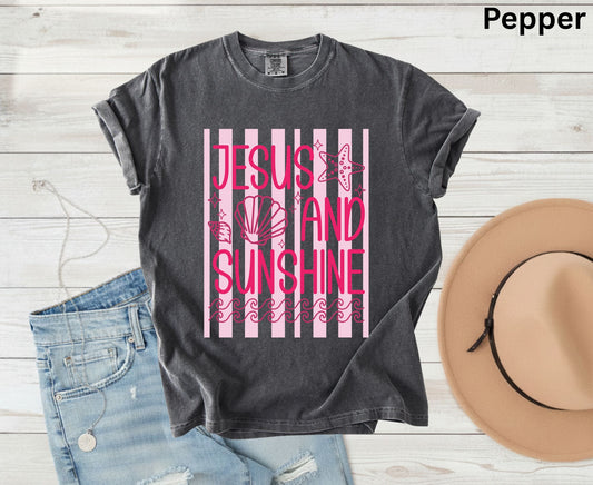 Jesus And Sunshine T Shirt Pink Beach Christian Tee Religious Seashell Shirt Faith Gift For Her Adult Youth Toddler Baby Coastal Summer Apparel