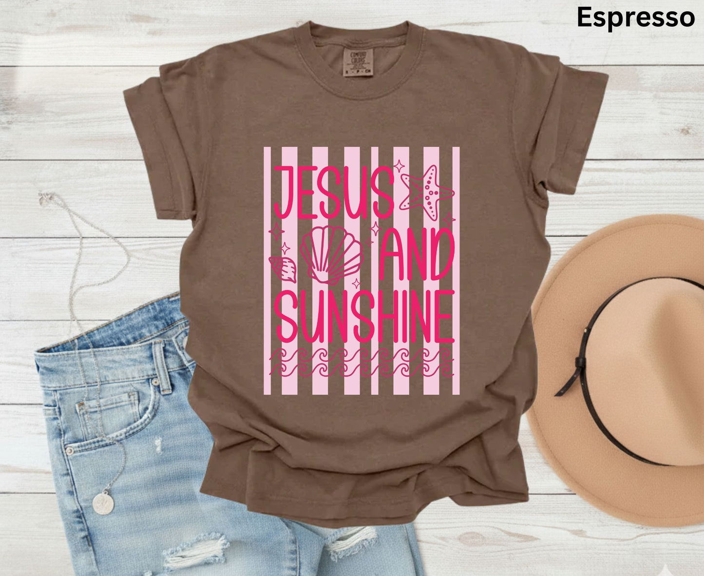 Jesus And Sunshine T Shirt Pink Beach Christian Tee Religious Seashell Shirt Faith Gift For Her Adult Youth Toddler Baby Coastal Summer Apparel