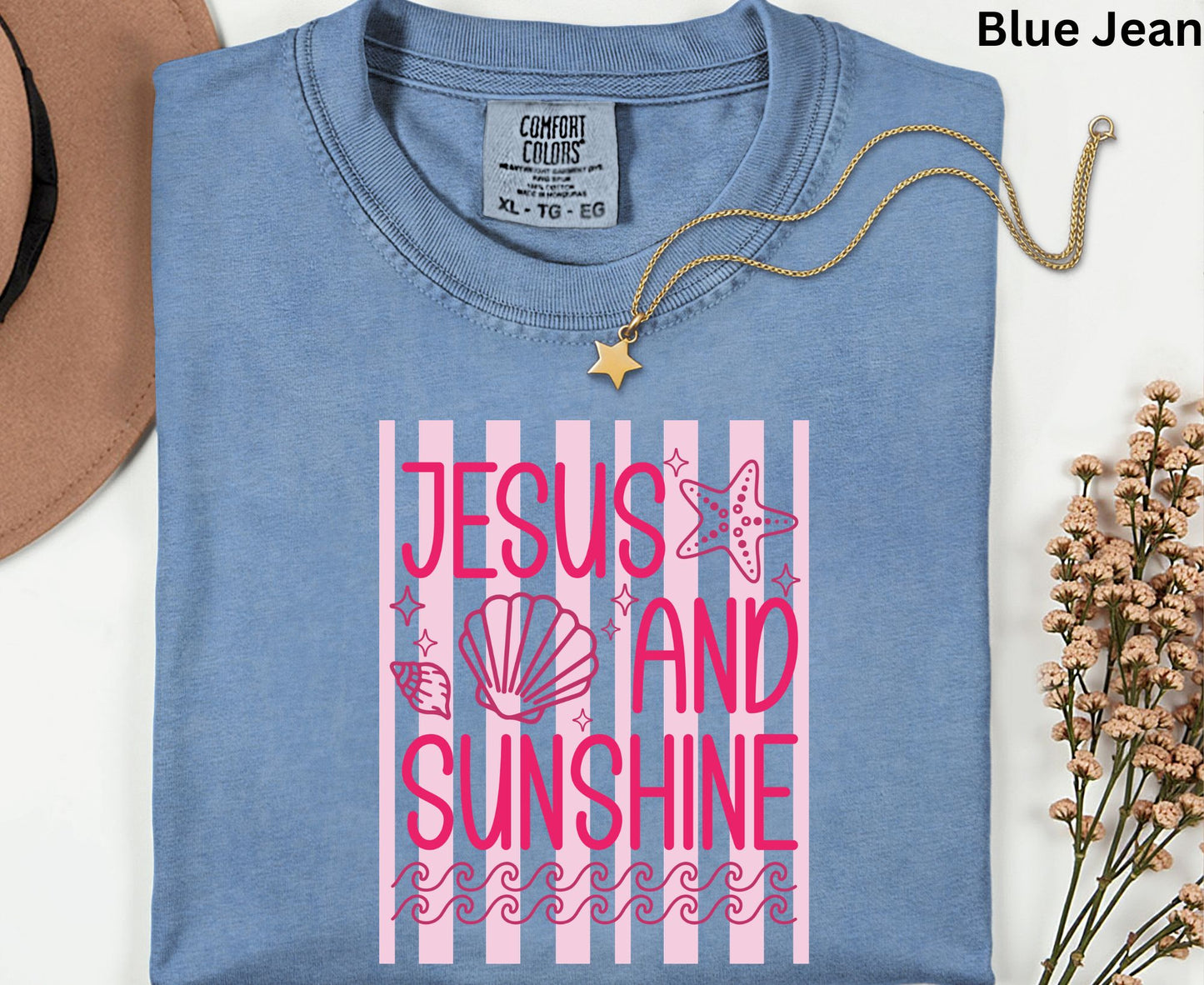 Jesus And Sunshine T Shirt Pink Beach Christian Tee Religious Seashell Shirt Faith Gift For Her Adult Youth Toddler Baby Coastal Summer Apparel