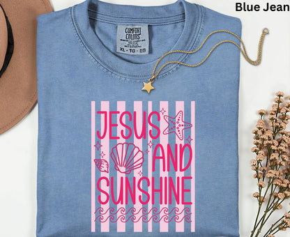 Jesus And Sunshine T Shirt Pink Beach Christian Tee Religious Seashell Shirt Faith Gift For Her Adult Youth Toddler Baby Coastal Summer Apparel
