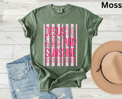 Jesus And Sunshine T Shirt Pink Beach Christian Tee Religious Seashell Shirt Faith Gift For Her Adult Youth Toddler Baby Coastal Summer Apparel