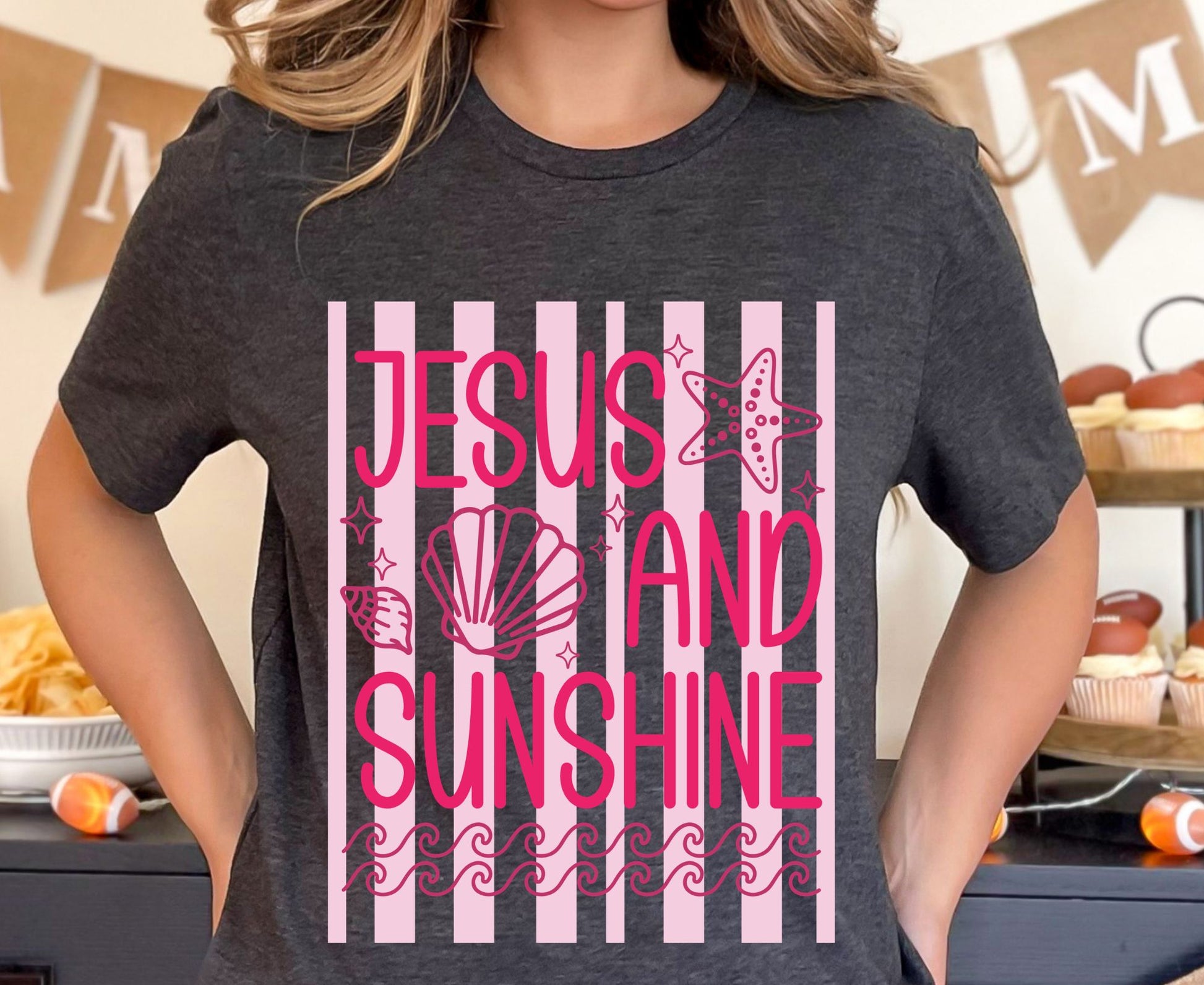 Jesus And Sunshine T Shirt Pink Beach Christian Tee Religious Seashell Shirt Faith Gift For Her Adult Youth Toddler Baby Coastal Summer Apparel