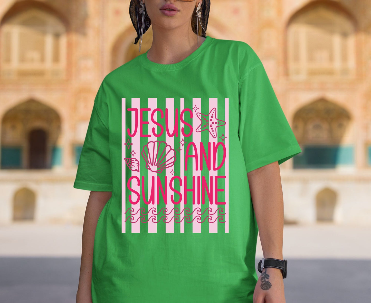 Jesus And Sunshine T Shirt Pink Beach Christian Tee Religious Seashell Shirt Faith Gift For Her Adult Youth Toddler Baby Coastal Summer Apparel