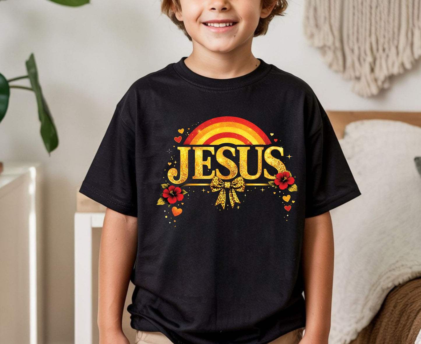 Jesus Gold Glitter T Shirt Christian Rainbow Tee Religious Hibiscus Flower Shirt Faith Gift For Her Adult Youth Toddler Baby Boho Spiritual Apparel