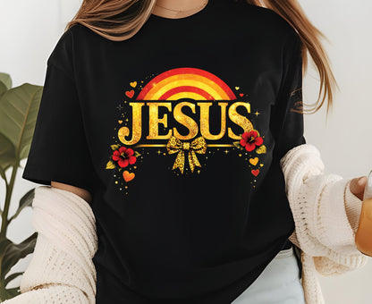 Jesus Gold Glitter T Shirt Christian Rainbow Tee Religious Hibiscus Flower Shirt Faith Gift For Her Adult Youth Toddler Baby Boho Spiritual Apparel