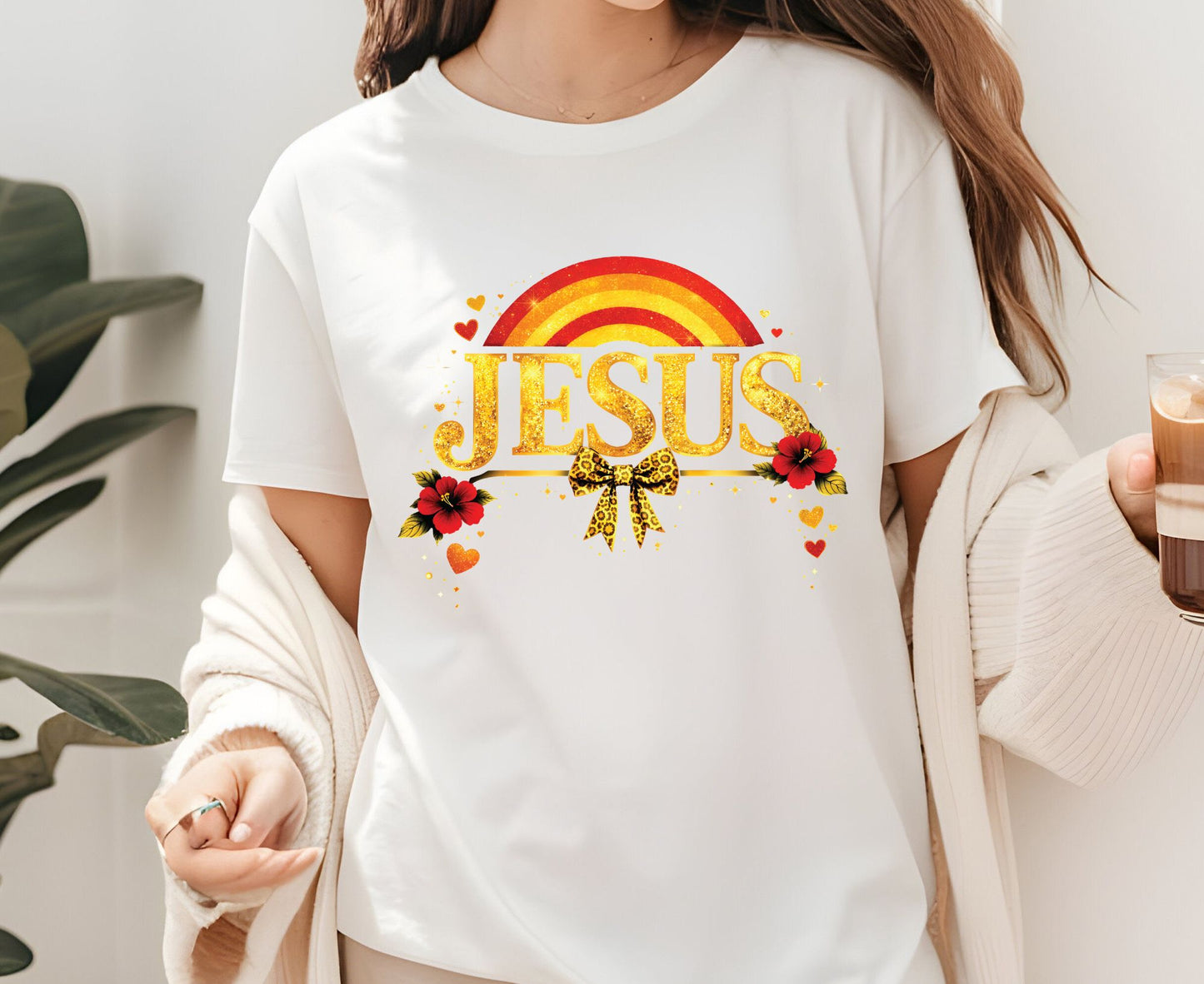 Jesus Gold Glitter T Shirt Christian Rainbow Tee Religious Hibiscus Flower Shirt Faith Gift For Her Adult Youth Toddler Baby Boho Spiritual Apparel