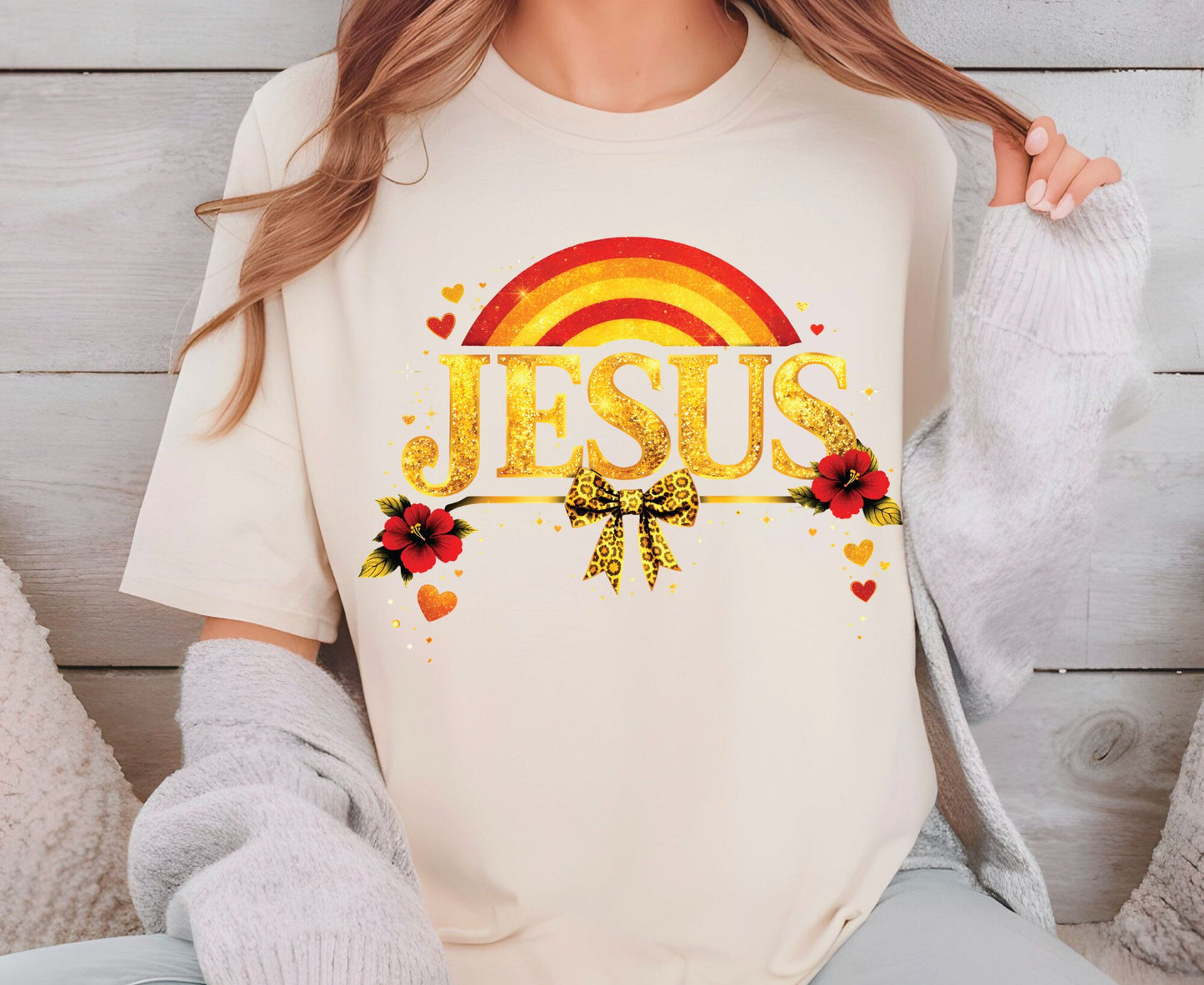 Jesus Gold Glitter T Shirt Christian Rainbow Tee Religious Hibiscus Flower Shirt Faith Gift For Her Adult Youth Toddler Baby Boho Spiritual Apparel