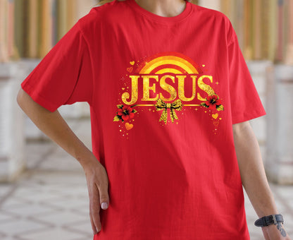 Jesus Gold Glitter T Shirt Christian Rainbow Tee Religious Hibiscus Flower Shirt Faith Gift For Her Adult Youth Toddler Baby Boho Spiritual Apparel