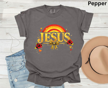 Jesus Gold Glitter T Shirt Christian Rainbow Tee Religious Hibiscus Flower Shirt Faith Gift For Her Adult Youth Toddler Baby Boho Spiritual Apparel