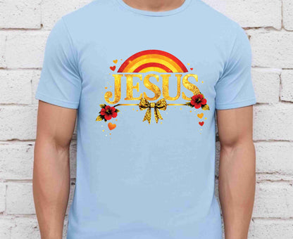 Jesus Gold Glitter T Shirt Christian Rainbow Tee Religious Hibiscus Flower Shirt Faith Gift For Her Adult Youth Toddler Baby Boho Spiritual Apparel