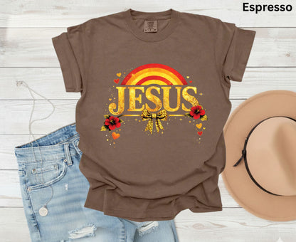 Jesus Gold Glitter T Shirt Christian Rainbow Tee Religious Hibiscus Flower Shirt Faith Gift For Her Adult Youth Toddler Baby Boho Spiritual Apparel