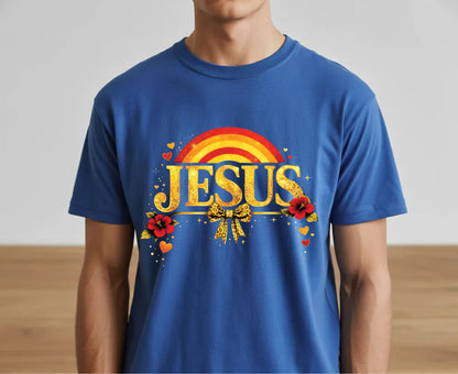 Jesus Gold Glitter T Shirt Christian Rainbow Tee Religious Hibiscus Flower Shirt Faith Gift For Her Adult Youth Toddler Baby Boho Spiritual Apparel