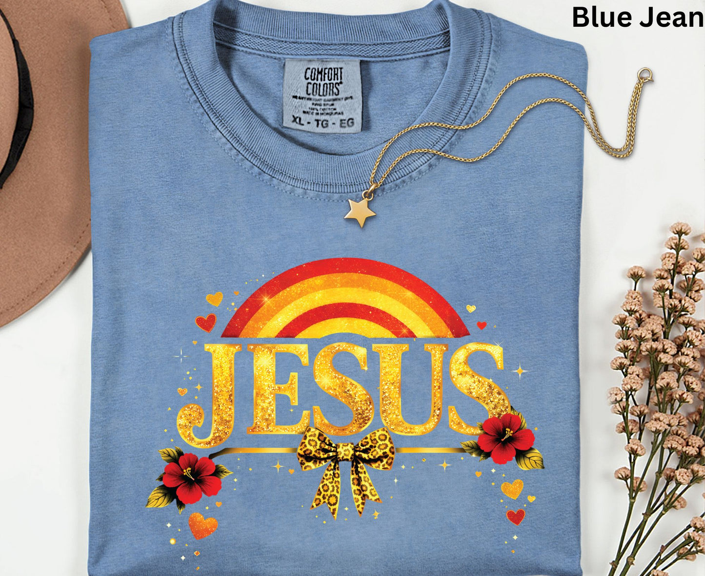 Jesus Gold Glitter T Shirt Christian Rainbow Tee Religious Hibiscus Flower Shirt Faith Gift For Her Adult Youth Toddler Baby Boho Spiritual Apparel
