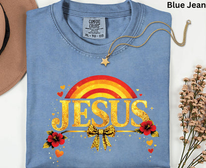 Jesus Gold Glitter T Shirt Christian Rainbow Tee Religious Hibiscus Flower Shirt Faith Gift For Her Adult Youth Toddler Baby Boho Spiritual Apparel