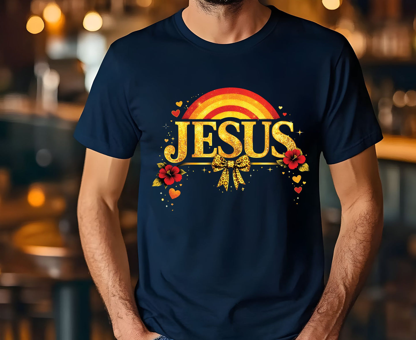Jesus Gold Glitter T Shirt Christian Rainbow Tee Religious Hibiscus Flower Shirt Faith Gift For Her Adult Youth Toddler Baby Boho Spiritual Apparel