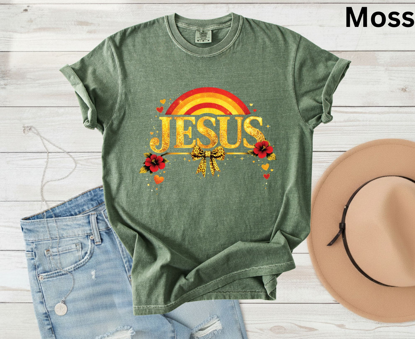 Jesus Gold Glitter T Shirt Christian Rainbow Tee Religious Hibiscus Flower Shirt Faith Gift For Her Adult Youth Toddler Baby Boho Spiritual Apparel