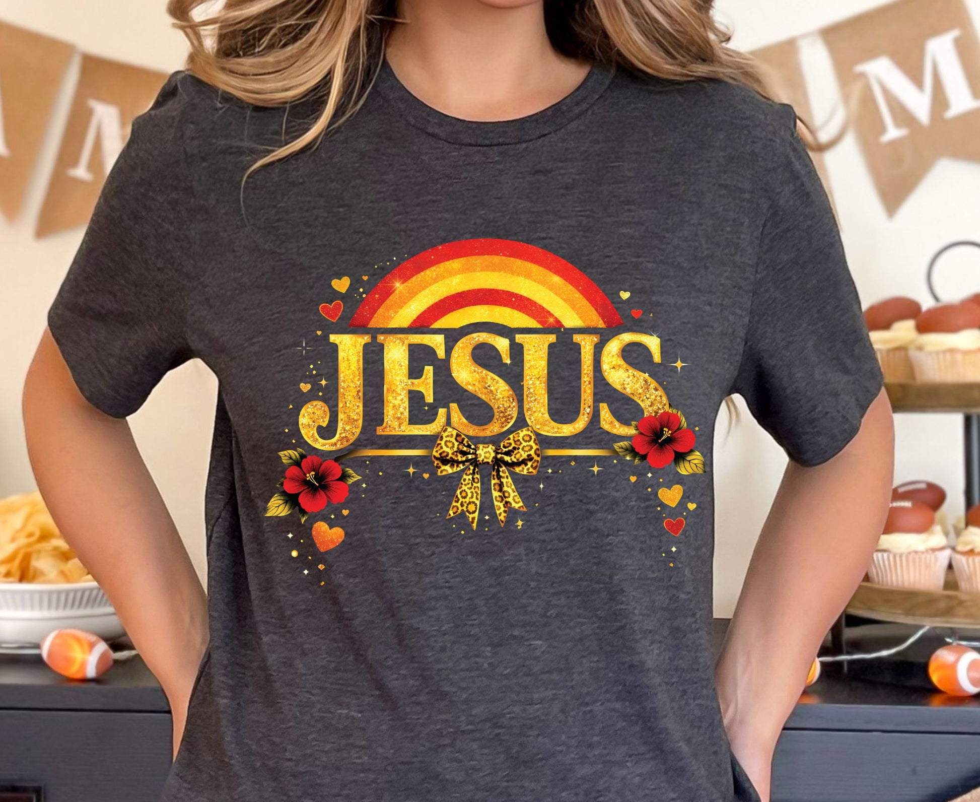 Jesus Gold Glitter T Shirt Christian Rainbow Tee Religious Hibiscus Flower Shirt Faith Gift For Her Adult Youth Toddler Baby Boho Spiritual Apparel