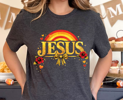 Jesus Gold Glitter T Shirt Christian Rainbow Tee Religious Hibiscus Flower Shirt Faith Gift For Her Adult Youth Toddler Baby Boho Spiritual Apparel