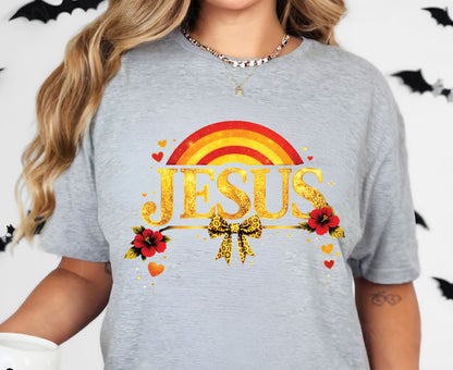 Jesus Gold Glitter T Shirt Christian Rainbow Tee Religious Hibiscus Flower Shirt Faith Gift For Her Adult Youth Toddler Baby Boho Spiritual Apparel