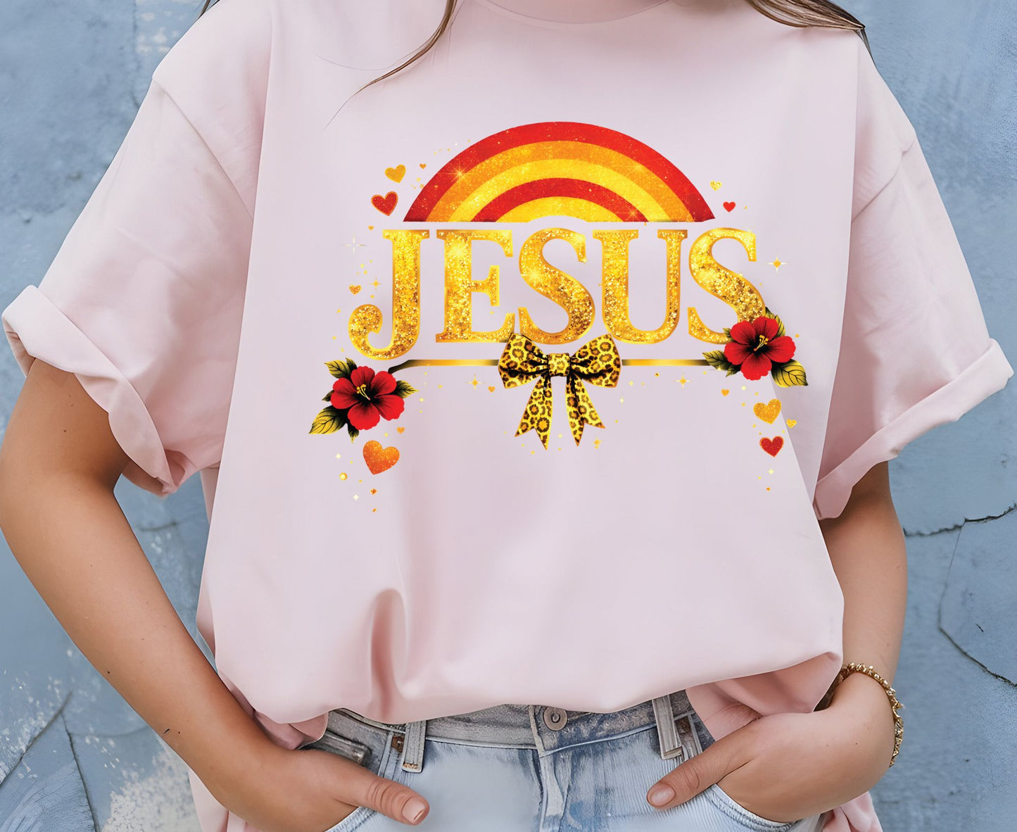 Jesus Gold Glitter T Shirt Christian Rainbow Tee Religious Hibiscus Flower Shirt Faith Gift For Her Adult Youth Toddler Baby Boho Spiritual Apparel