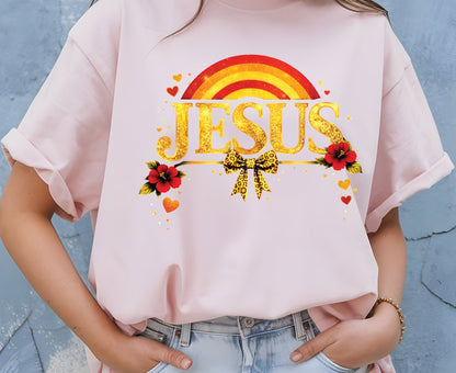 Jesus Gold Glitter T Shirt Christian Rainbow Tee Religious Hibiscus Flower Shirt Faith Gift For Her Adult Youth Toddler Baby Boho Spiritual Apparel