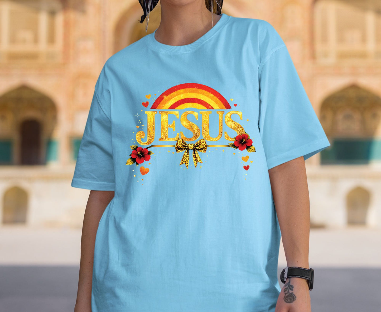 Jesus Gold Glitter T Shirt Christian Rainbow Tee Religious Hibiscus Flower Shirt Faith Gift For Her Adult Youth Toddler Baby Boho Spiritual Apparel